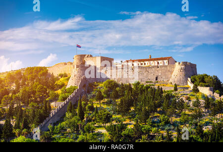 The Fortica fortress (Spanish Fort or Spanjola Fortres) on the Hvar island in Croatia. Ancient fortress on Hvar island over town (citadel), popular to Stock Photo