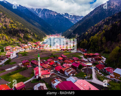 Uzungol lake drone, aerial, top view, Trabzon, Turkey, touristic attraction. Lovely place for Arabs in summer holiday Stock Photo
