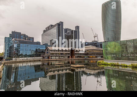 Part of the Harbour Exchange complex at Canary Wharf in London, showing the Arena Tower, formally the Baltimore Tower. Stock Photo