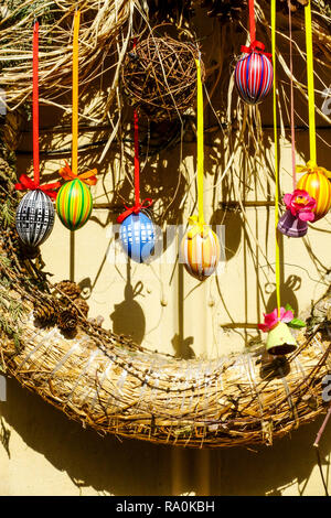 Czech Easter eggs hanging on a wreath Stock Photo