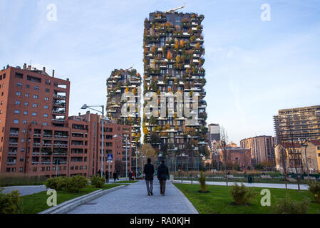 MILAN, ITALY, DECEMBER 5, 2018 - 'Bosco Verticale', vertical forest in autumn time, apartments and buildings in the area 'Isola' of the city of Milan, Stock Photo