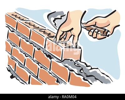 Illustration of a construction worker while building a wall of a house Stock Vector
