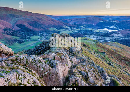 Grasmere village and lake, Loughrigg, seen from the summit of Helm Crag, Grasmere, Lake District, Cumbria Stock Photo