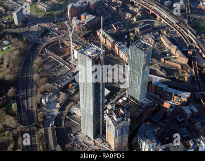 aerial view of Manchester city centre with the Deansgate Square, or Owen Street skyscrapers development, prominent Stock Photo