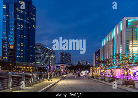 Busan, South Korea - Oct 3rd 2018 - A modern building with a restaurant and colorful lights in a touristic area of Busan in South Korea Stock Photo