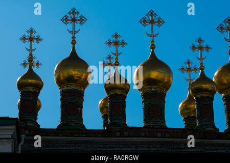 Moscow, Russia. August 25, 2018. Golden domes and ornate tile work, Terem Palace, Moscow Kremlin Stock Photo