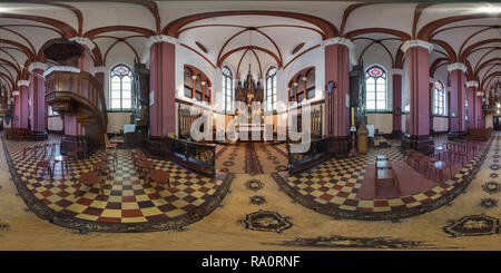 360 degree panoramic view of MINSK, BELARUS - APRIL 4, 2017: Panorama in interior of the ancient medieval Catholic church.  Full 360 by 180 degree seamless spherical panorama in e