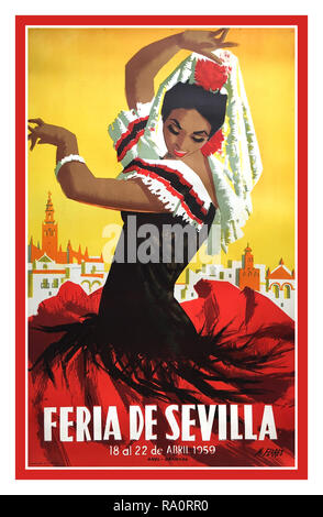 SEVILLE FIESTA Vintage Spanish Travel Poster 1950’s....  Festival of Seville ‘FERIA DE SEVILLA’ 1959.  Traditional señorita flamenco dancer featured with Seville City behind .Artist MANUEL FLORES PÉREZ. Spain Stock Photo