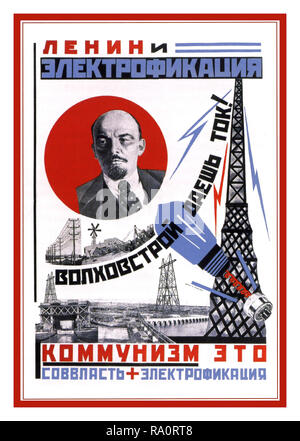 Vintage Russian Propaganda Poster  ‘Lenin and Electrification'  by Shass-Kobelev 1925  The electrified landscape promised by Lenin’s map, a mechanization made possible only by harnessing the power of the earth: “Construction of the Volkhov hydroelectric dam will give current!”  Volkhov dam to left and to the right an electric tower that sends blue lightning bolts down to a light bulb, which points toward Lenin’s image. At the bottom of the poster, formula that Lenin delivered at the launching of the electrification campaign in 1920: Soviet Power + Electrification = Communism Stock Photo