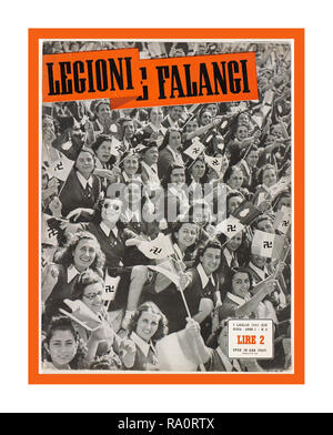 Vintage WW2 1941 Propaganda Italian Press image of crowds in Rome waving Swastika Flags in support of the alliance between Nazi Germany Adolf Hitler and Facist Italy Dictator Benito Mussolini 'Legioni e Falangi'  'Legions of soldiers marching together to fight'. Stock Photo
