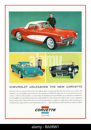 CORVETTE 1960's Vintage American Automobile advertisement 1961 Chevrolet Corvette Advertisement “ Chevrolet Unleashes The New Corvette”  Iconic Americana Automobile Sports Hard/Soft top touring 2+2 seater car America Muscle Car Stock Photo