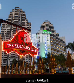 The Explores Club and Riviera Hotel at dusk in Benidorm New Town, Alicante Province, Benidorm. Stock Photo