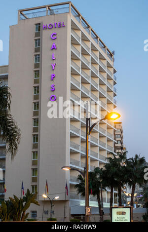 The Hotel Calypso at dusk in Benidorm New Town, Alicante Province, Benidorm. Stock Photo