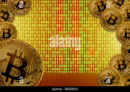 Decentralized cryptocurrency concepts, bitcoin on binary code screen. Transfer or exchange digital money through blockchain technologies Stock Photo
