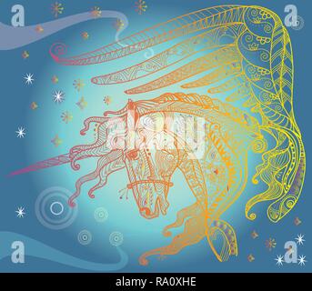 Vector hand drawing illustration zentangle magic horse with wings in different colors isolated on gradient background. Colorful doodle unicorn illustr Stock Vector