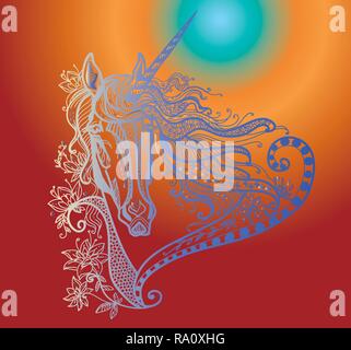 Vector hand drawing illustration zentangle magic horse in different colors isolated on gradient background. Colorful doodle unicorn illustration with  Stock Vector
