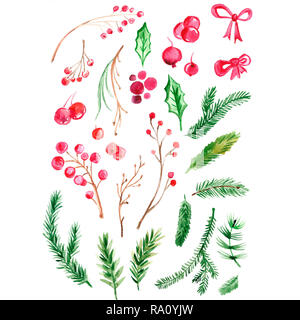 Watercolor set of christmas elements.Watercolor tree branches and fir cones, raster.Isolated on white background.  Hand drawn set watercolor with holl Stock Photo