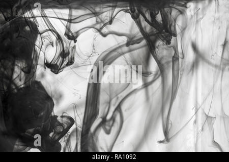 Abstract acrylic black paint swirls in water on white background. Stock Photo