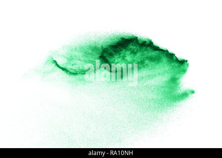 Abstract sand cloud. Green sand splash against  on white background. Sandy fly wave in the air. Stock Photo
