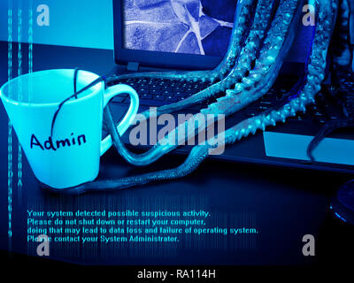 Cyber security concept. Monstrous computer virus seize system administartor's mug. Laptop with broken screen infected by malware. Data loss danger. Stock Photo