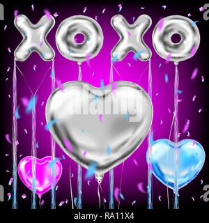 Silver foil XOXO lettering and Heart shape balloons on magenta background. Design for Valentine, Birthday, Wedding, Party and Christmas decorations Stock Vector