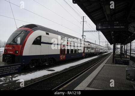 A Swiss  double-decker passenger trains in Switzerland Stock Photo