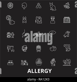 Allergy editable line icons vector set on black background. Allergy white outline illustrations, signs, symbols Stock Vector