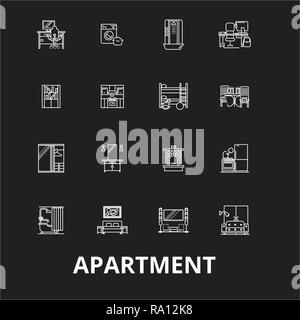 Apartment editable line icons vector set on black background. Apartment white outline illustrations, signs, symbols Stock Vector