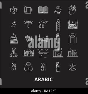 Arabic editable line icons vector set on black background. Arabic white outline illustrations, signs, symbols Stock Vector