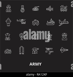 Army editable line icons vector set on black background. Army white outline illustrations, signs, symbols Stock Vector