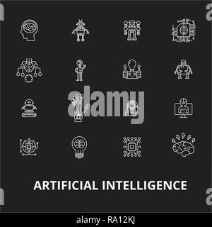 Artificial intelligence editable line icons vector set on black background. Artificial intelligence white outline illustrations, signs, symbols Stock Vector