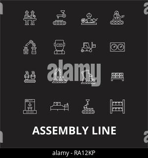 Assembly line editable line icons vector set on black background. Assembly line white outline illustrations, signs, symbols Stock Vector