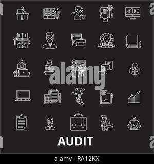 Audit editable line icons vector set on black background. Audit white outline illustrations, signs, symbols Stock Vector