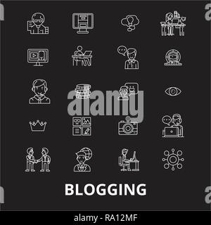 Blogging editable line icons vector set on black background. Blogging white outline illustrations, signs, symbols Stock Vector