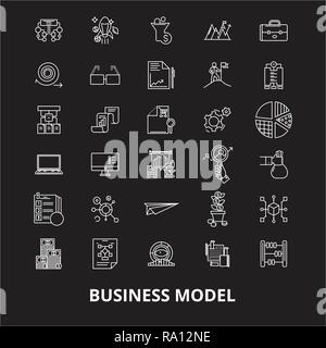 Business model editable line icons vector set on black background. Business model white outline illustrations, signs, symbols Stock Vector