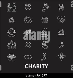 Charity editable line icons vector set on black background. Charity white outline illustrations, signs, symbols Stock Vector