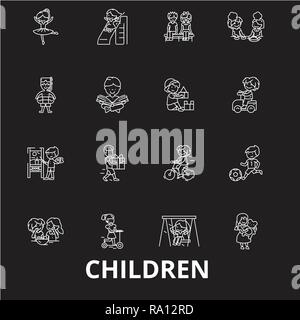 Children editable line icons vector set on black background. Children white outline illustrations, signs, symbols Stock Vector