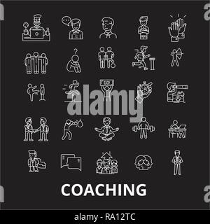 Coaching editable line icons vector set on black background. Coaching white outline illustrations, signs, symbols Stock Vector