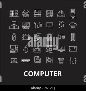 Computer editable line icons vector set on black background. Computer white outline illustrations, signs, symbols Stock Vector