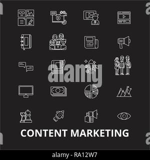 Content marketing editable line icons vector set on black background. Content marketing white outline illustrations, signs, symbols Stock Vector