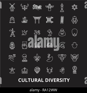 Cultural diversity editable line icons vector set on black background. Cultural diversity white outline illustrations, signs, symbols Stock Vector