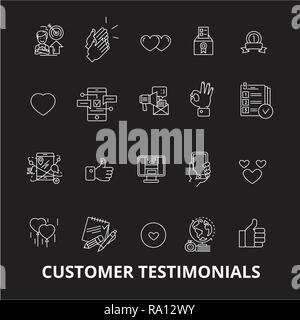 Customer testimonials editable line icons vector set on black background. Customer testimonials white outline illustrations, signs, symbols Stock Vector