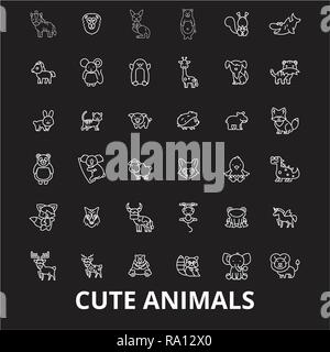 Cute animals editable line icons vector set on black background. Cute animals white outline illustrations, signs, symbols Stock Vector