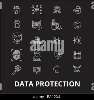 Data protection editable line icons vector set on black background. Data protection white outline illustrations, signs, symbols Stock Vector