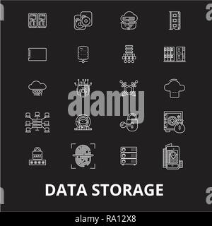 Data storage editable line icons vector set on black background. Data storage white outline illustrations, signs, symbols Stock Vector