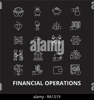 Financial operations editable line icons vector set on black background. Financial operations white outline illustrations, signs, symbols Stock Vector