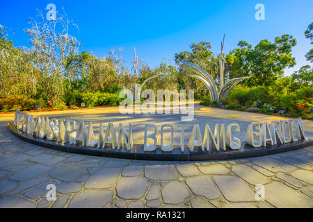 Perth, Australia - Jan 3, 2018: Entry sculpture for the Western Australian Botanical Garden at Kings Park, the most popular visitor destination in Western Australia on Mount Eliza in Perth. Blue sky. Stock Photo