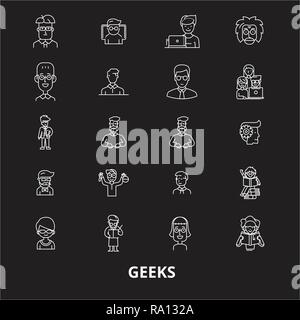 Geeks editable line icons vector set on black background. Geeks white outline illustrations, signs, symbols Stock Vector