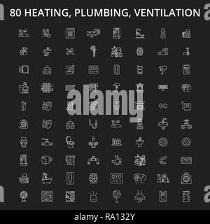 Heating, plumbing, ventilation editable line icons vector set on black background. Heating, plumbing, ventilation white outline illustrations, signs, symbols Stock Vector