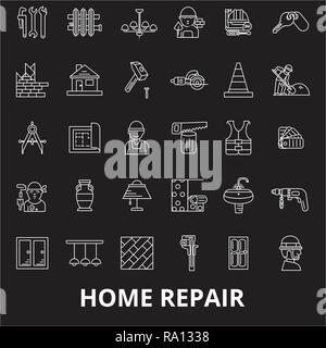 Home repair editable line icons vector set on black background. Home repair white outline illustrations, signs, symbols Stock Vector